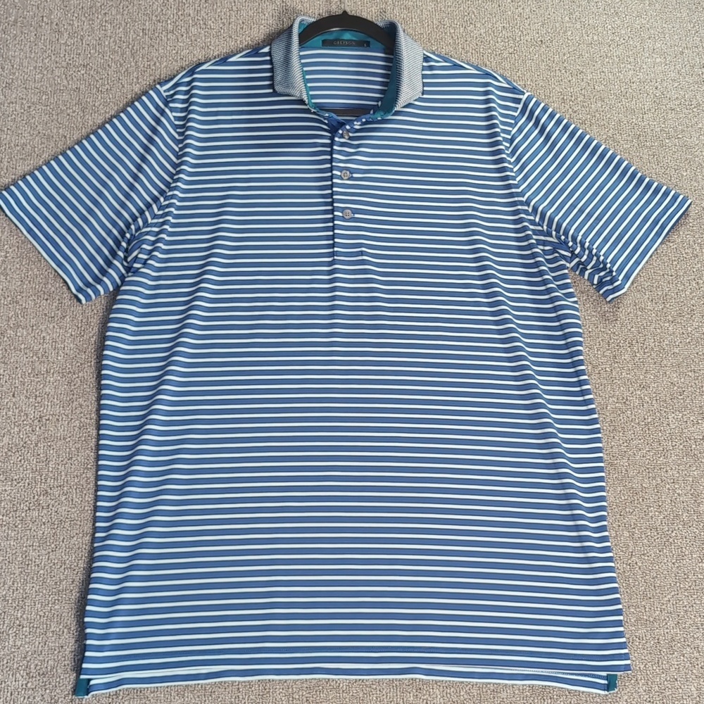 Greyson Clothiers Performance Blue Striped Polo Size Large Woven Spread Collar